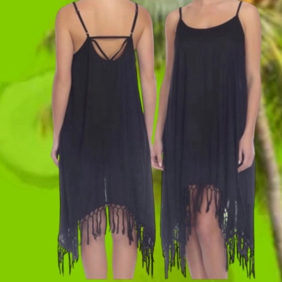 Boho ME Fringe Trim Midi Dress /Cover All In Black flowy fresh relaxed NWT XS - Picture 1 of 4